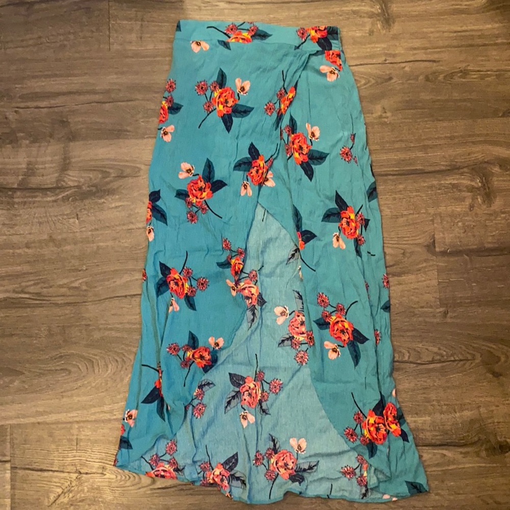 express floral high low maxi skirt turquoise/pink size s